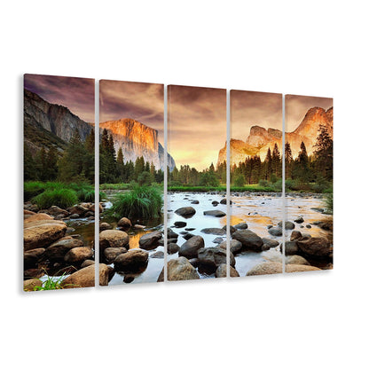 Valley at sunset, Yosemite, 5 Piece B Extra Large Cavas Print Wall Art Decor