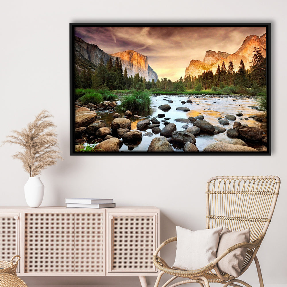 Valley At Sunset, Yosemite, Framed Cavas Print, Floating Frame