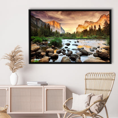 Valley At Sunset, Yosemite, Framed Cavas Print, Floating Frame