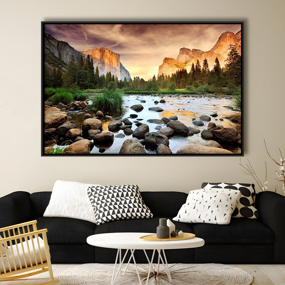 Valley At Sunset, Yosemite, Framed Cavas Print, Floating Frame