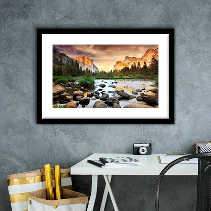 Valley At Sunset, Yosemite, Framed Art Print White Border, Framed Picture
