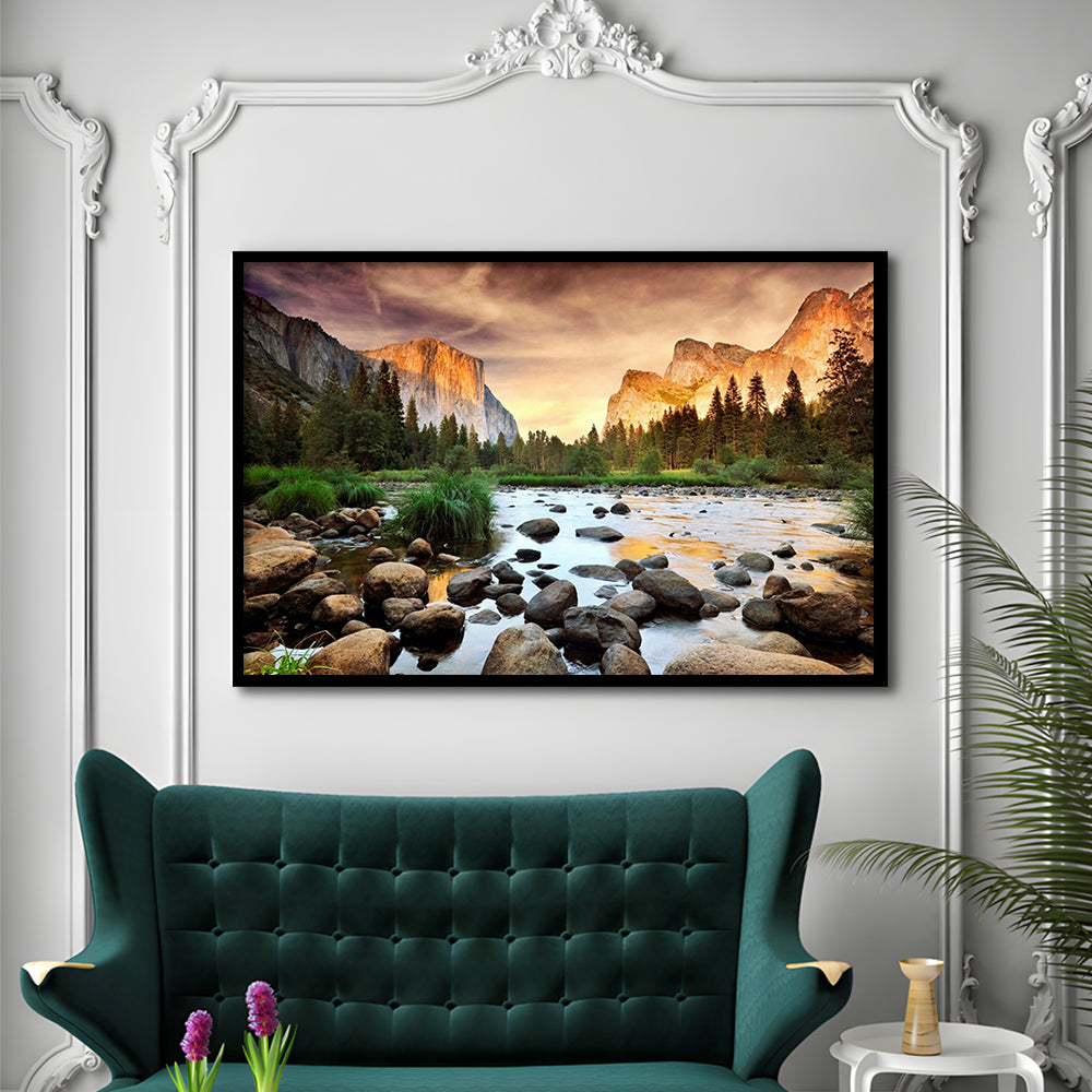 Valley At Sunset, Yosemite, Framed Art Print, Picture Framed