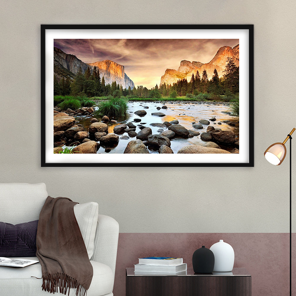Valley At Sunset, Yosemite, Framed Art Print White Border, Framed Picture