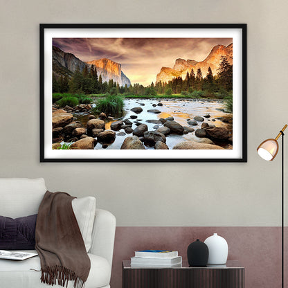 Valley At Sunset, Yosemite, Framed Art Print White Border, Framed Picture