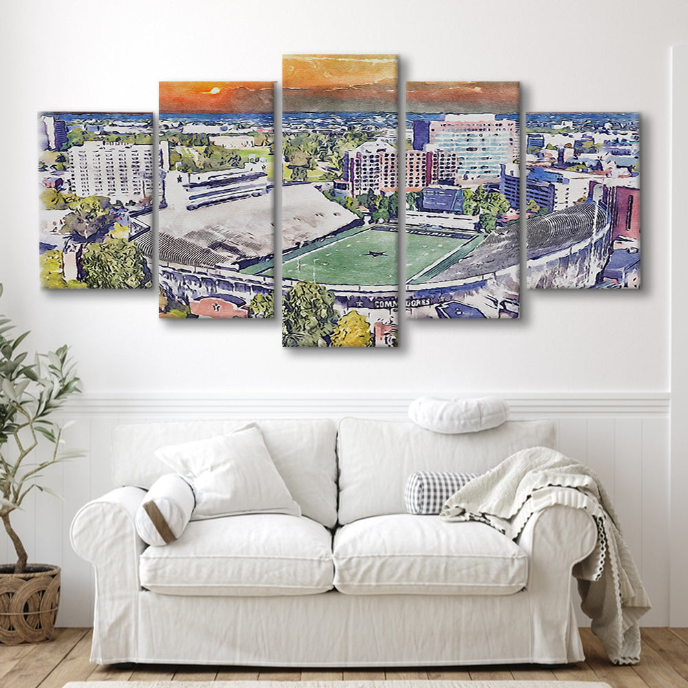 Vanderbilt Commodores, Vanderbilt Stadium at Dudley Field Watercolor, Sport Art, Mixed 5 Panel, Canvas Print Wall Art