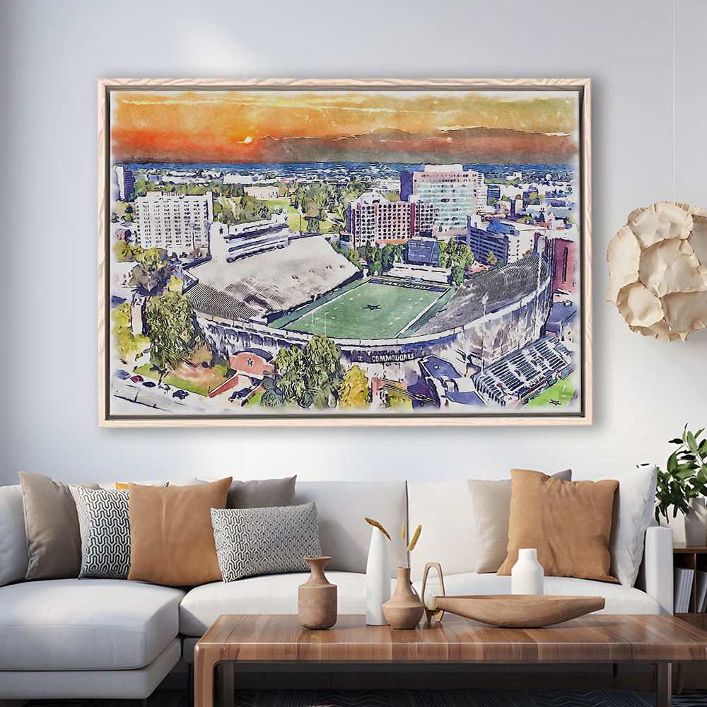Vanderbilt Commodores, Vanderbilt Stadium at Dudley Field Watercolor, Sport Gift Art, Framed Canvas Print Wall Art