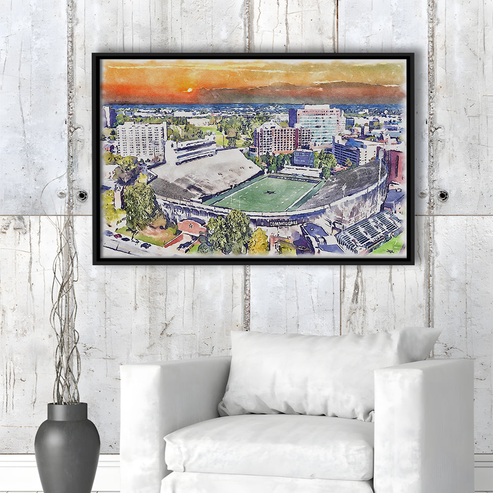 Vanderbilt Commodores, Vanderbilt Stadium at Dudley Field Watercolor, Sport Gift Art, Framed Canvas Print Wall Art