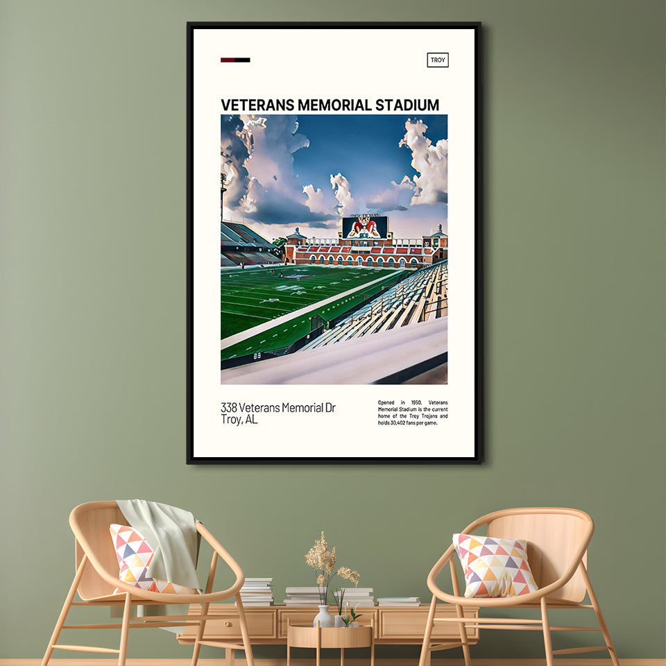 Veterans Memorial Stadium Print, Troy Trojans Stadium Canvas Art, Man Cave Gift, Floating Framed Canvas Print Wall Art
