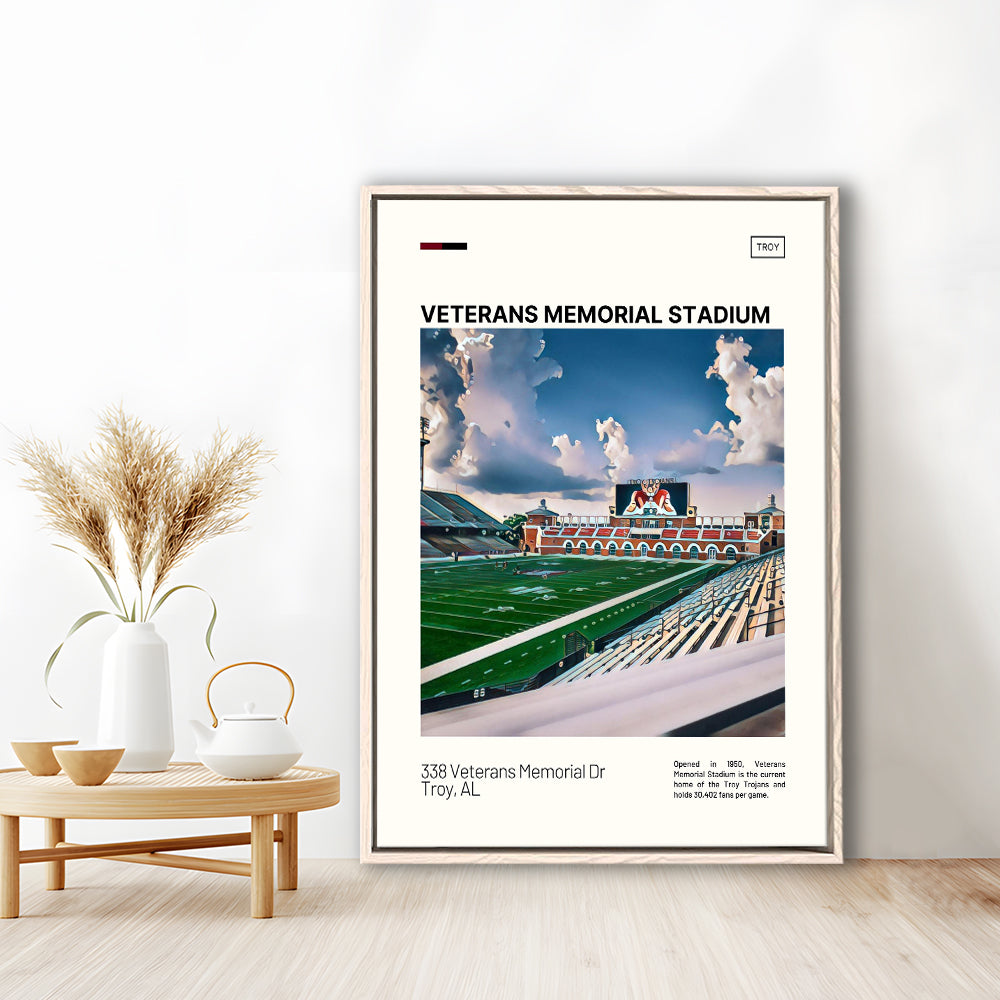 Veterans Memorial Stadium Print, Troy Trojans Stadium Canvas Art, Man Cave Gift, Floating Framed Canvas Print Wall Art