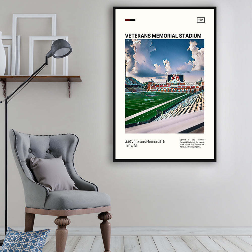 Veterans Memorial Stadium Print, Troy Trojans Stadium Canvas Art, Man Cave Gift, Floating Framed Canvas Print Wall Art