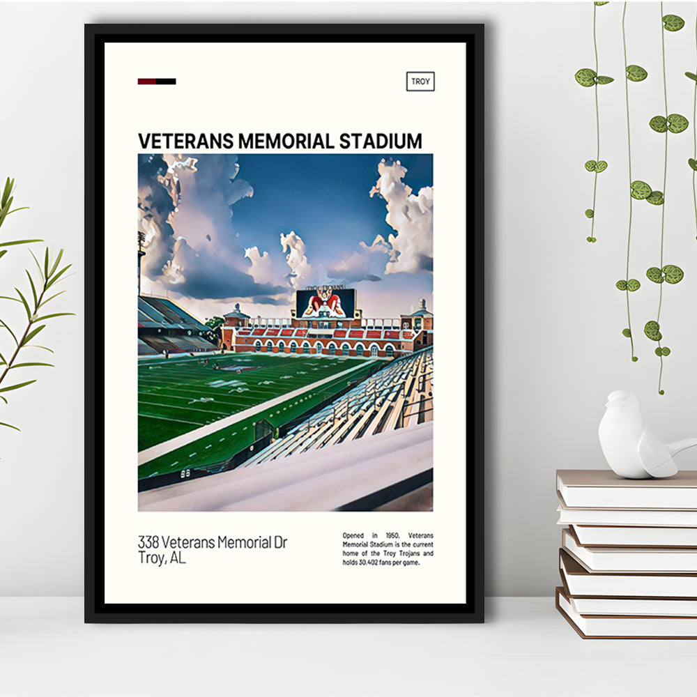Veterans Memorial Stadium Print, Troy Trojans Stadium Canvas Art, Man Cave Gift, Floating Framed Canvas Print Wall Art