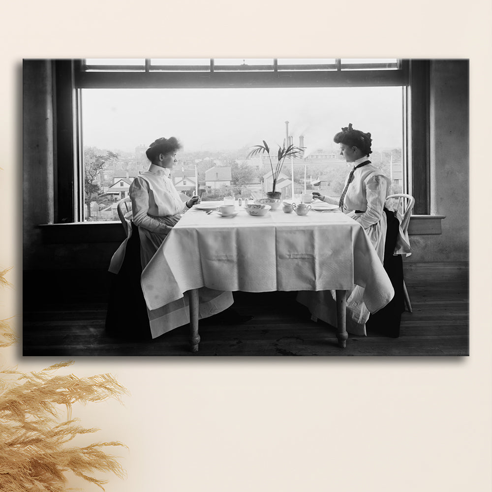 Victorian Tea Time Retro Photography Black and White Art Vintage Restaurant Print, Canvas Print Wall Art Decor