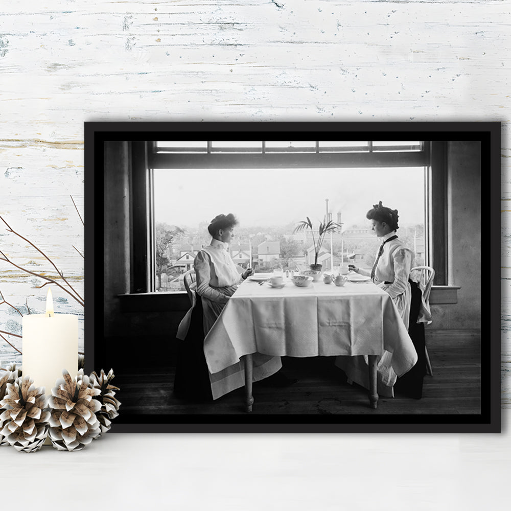 Victorian Tea Time Retro Photography Black and White Art Vintage Restaurant Print, Floating Framed Canvas Print