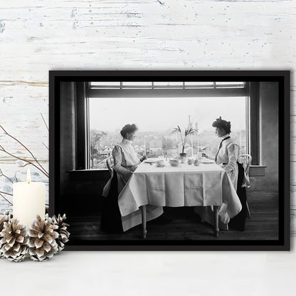 Victorian Tea Time Retro Photography Black and White Art Vintage Restaurant Print, Floating Framed Canvas Print
