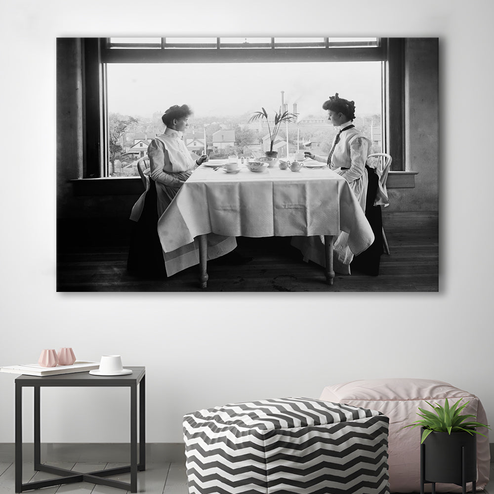 Victorian Tea Time Retro Photography Black and White Art Vintage Restaurant Print, Canvas Print Wall Art Decor