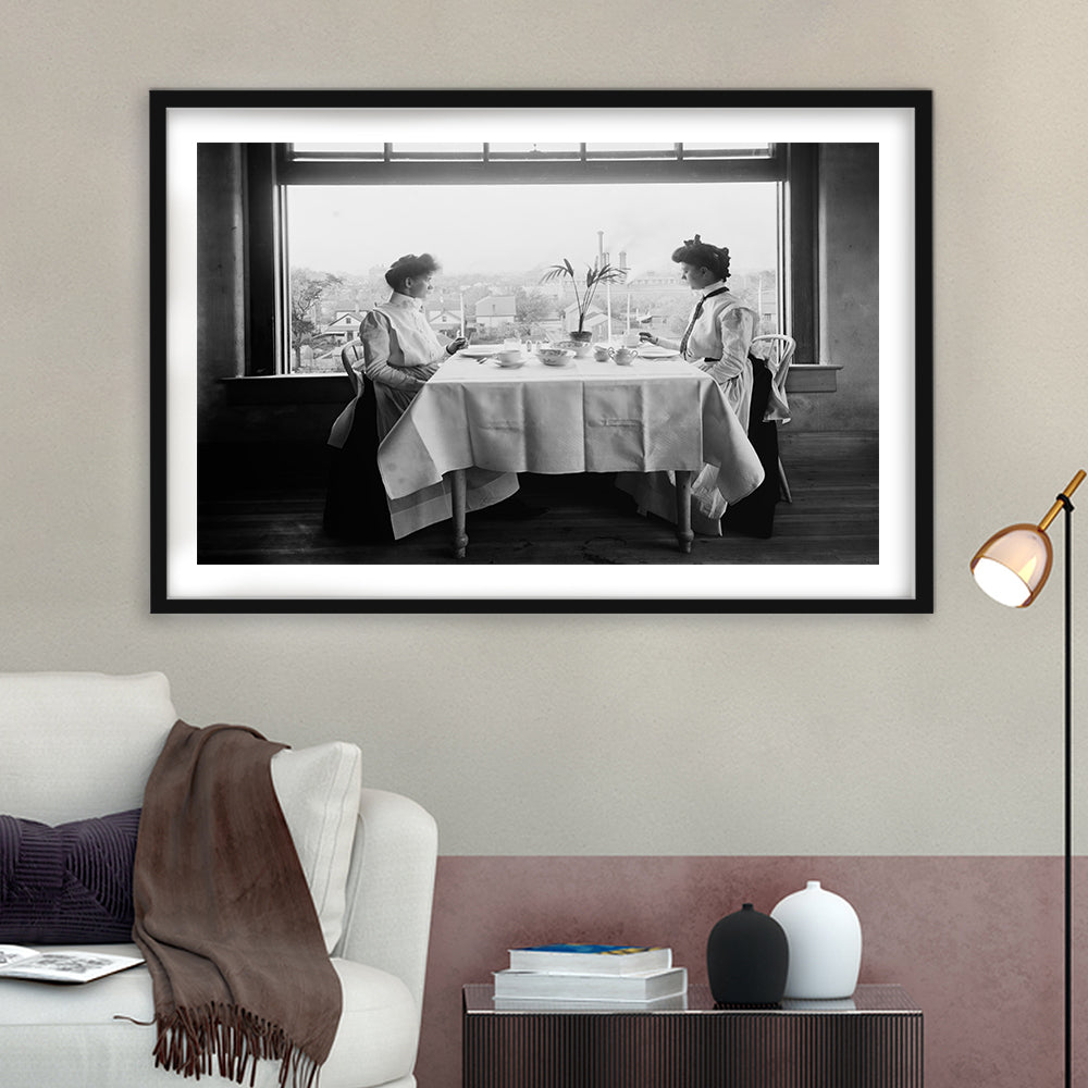 Victorian Tea Time Retro Photography Black and White Art Vintage Restaurant Print, Framed Art Print White Border Wall Decor