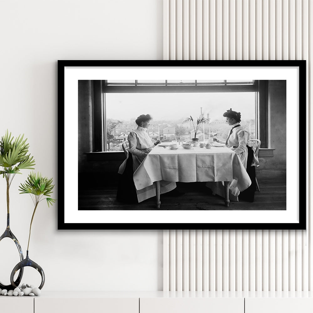 Victorian Tea Time Retro Photography Black and White Art Vintage Restaurant Print, Framed Art Print White Border Wall Decor