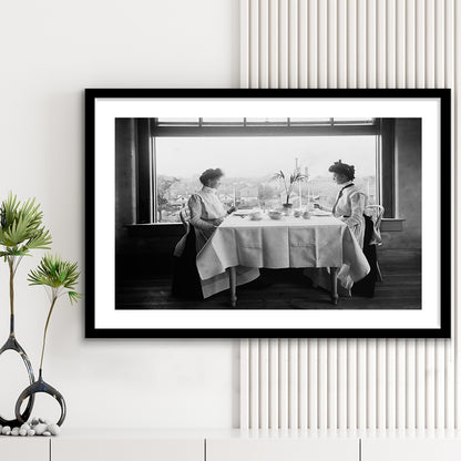 Victorian Tea Time Retro Photography Black and White Art Vintage Restaurant Print, Framed Art Print White Border Wall Decor