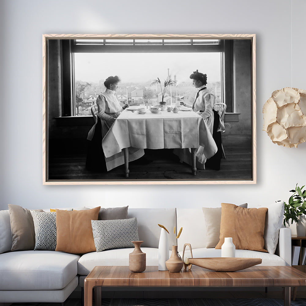 Victorian Tea Time Retro Photography Black and White Art Vintage Restaurant Print, Floating Framed Canvas Print