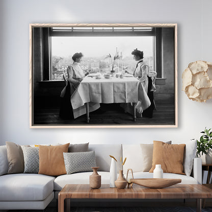 Victorian Tea Time Retro Photography Black and White Art Vintage Restaurant Print, Floating Framed Canvas Print