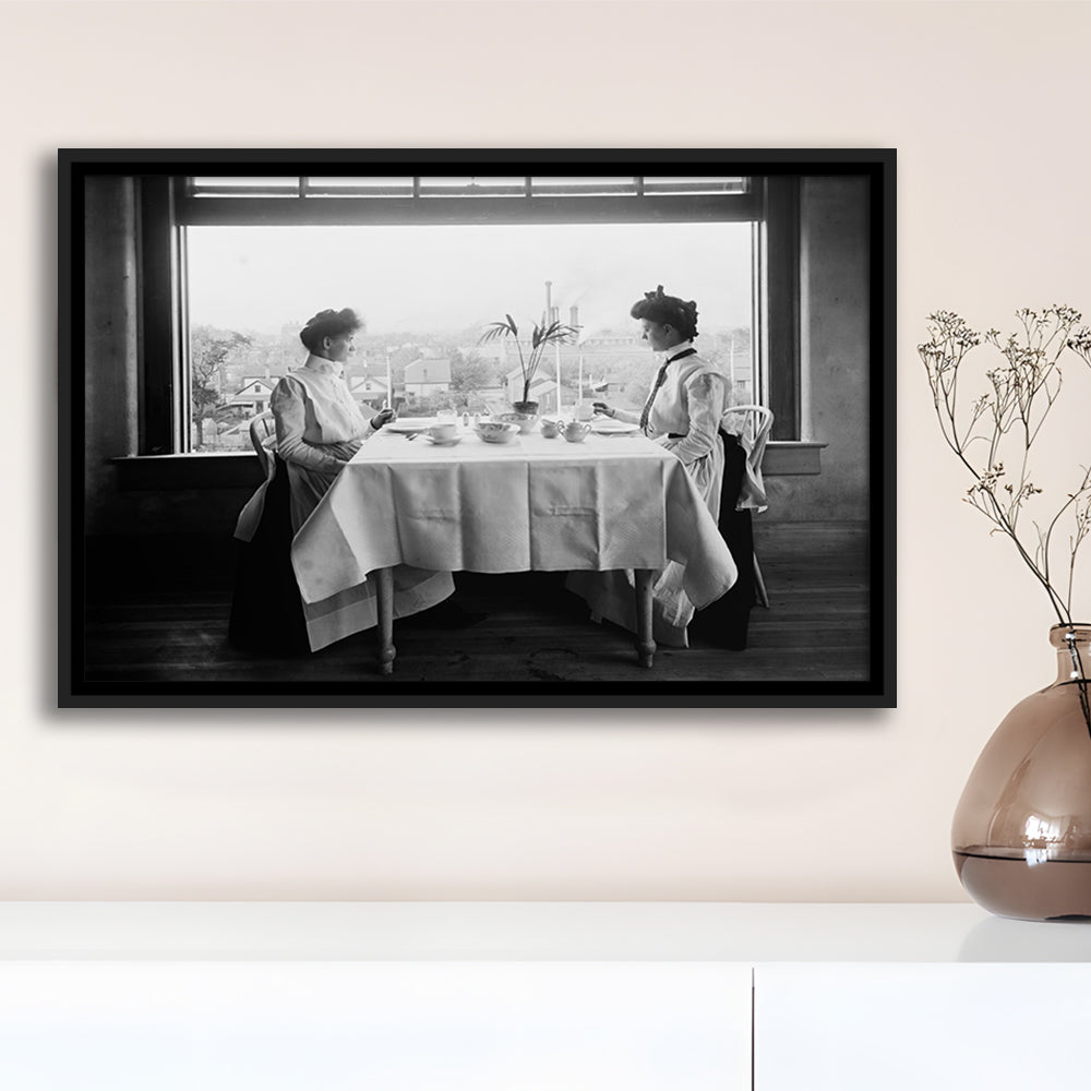 Victorian Tea Time Retro Photography Black and White Art Vintage Restaurant Print, Floating Framed Canvas Print