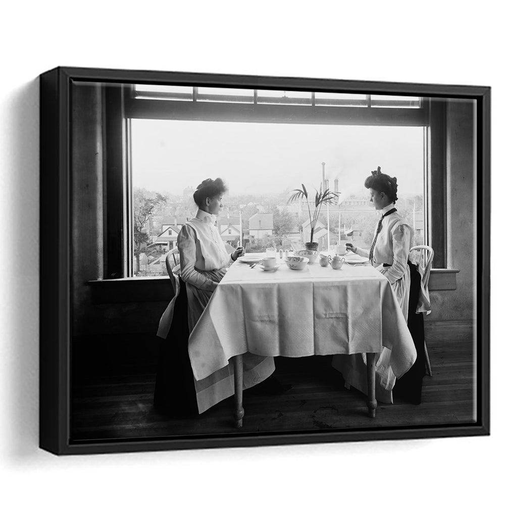 Victorian Tea Time Retro Photography Black and White Art Vintage Restaurant Print, Floating Framed Canvas Print