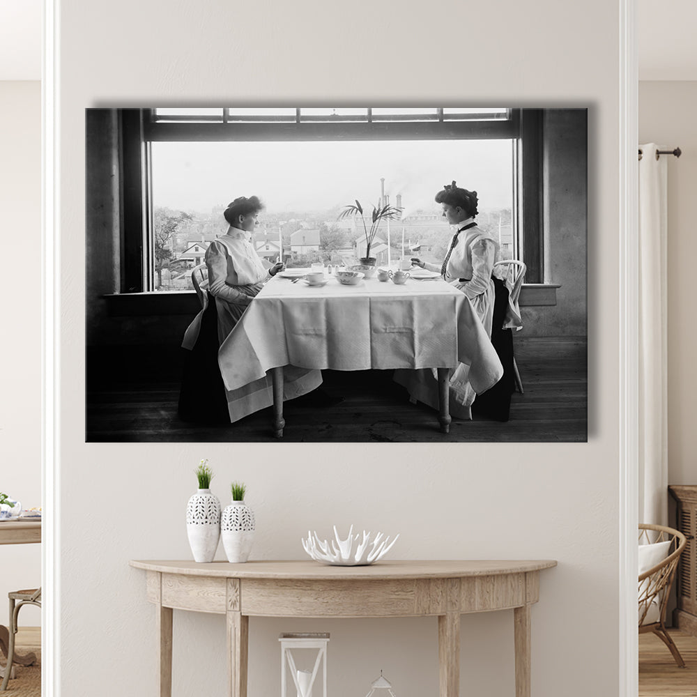 Victorian Tea Time Retro Photography Black and White Art Vintage Restaurant Print, Canvas Print Wall Art Decor