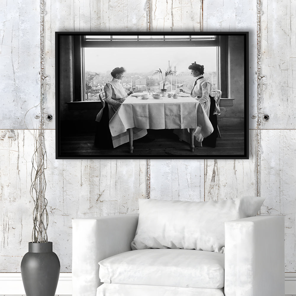 Victorian Tea Time Retro Photography Black and White Art Vintage Restaurant Print, Floating Framed Canvas Print
