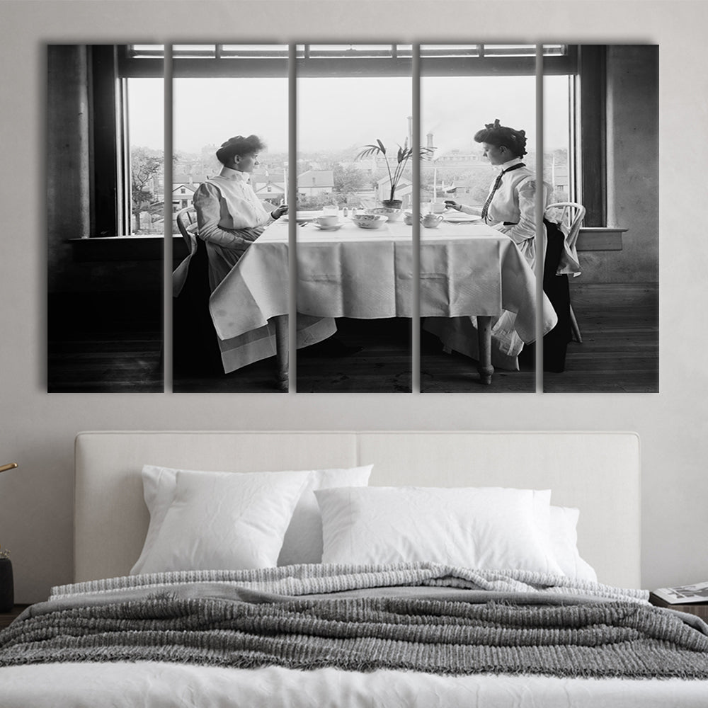 Victorian Tea Time Retro Photography Black and White Art Vintage Restaurant Print, 5 Pieces Large Canvas Print