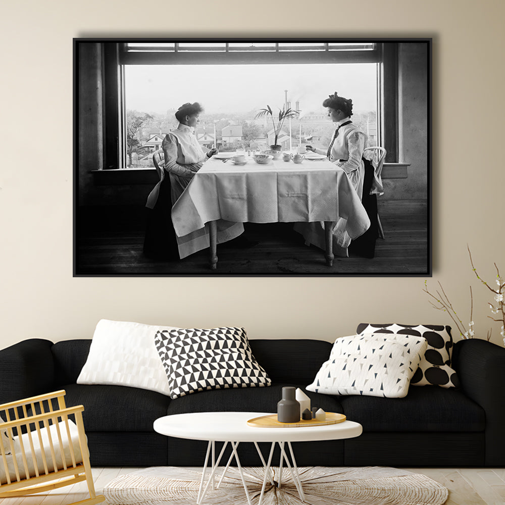 Victorian Tea Time Retro Photography Black and White Art Vintage Restaurant Print, Floating Framed Canvas Print