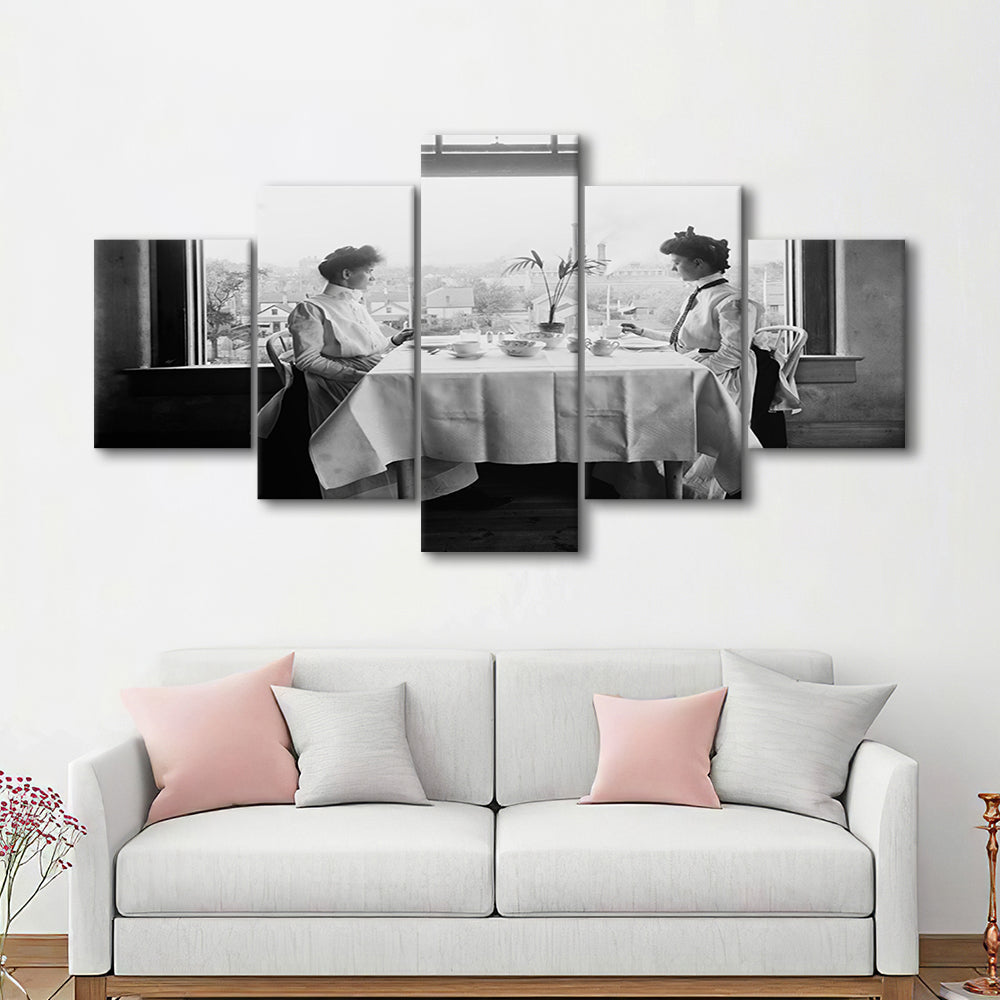 Victorian Tea Time Retro Photography Black and White Art Vintage Restaurant Print, Mixed 5 Pieces Canvas Print