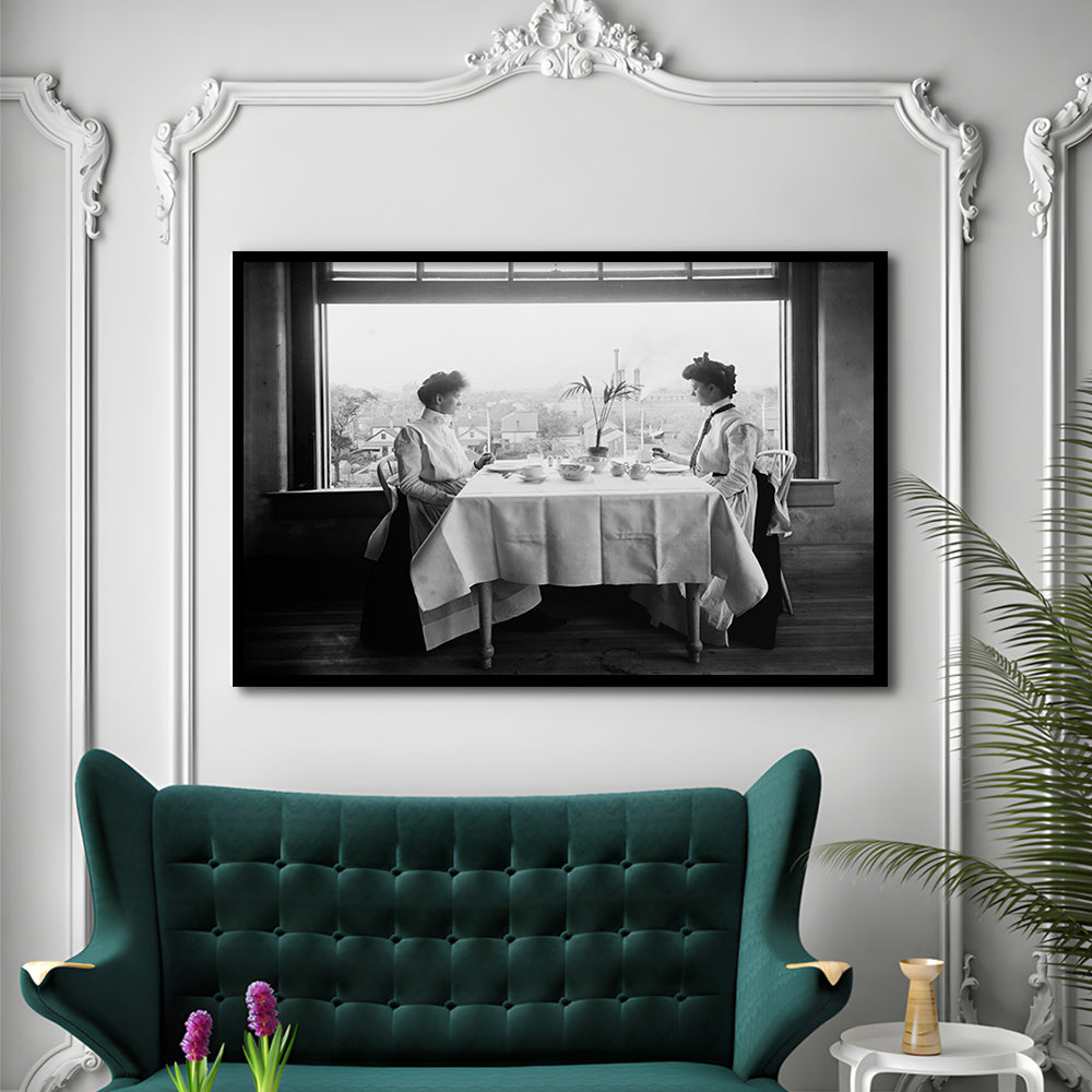 Victorian Tea Time Retro Photography Black and White Art Vintage Restaurant Print, Framed Art Print Wall Decor