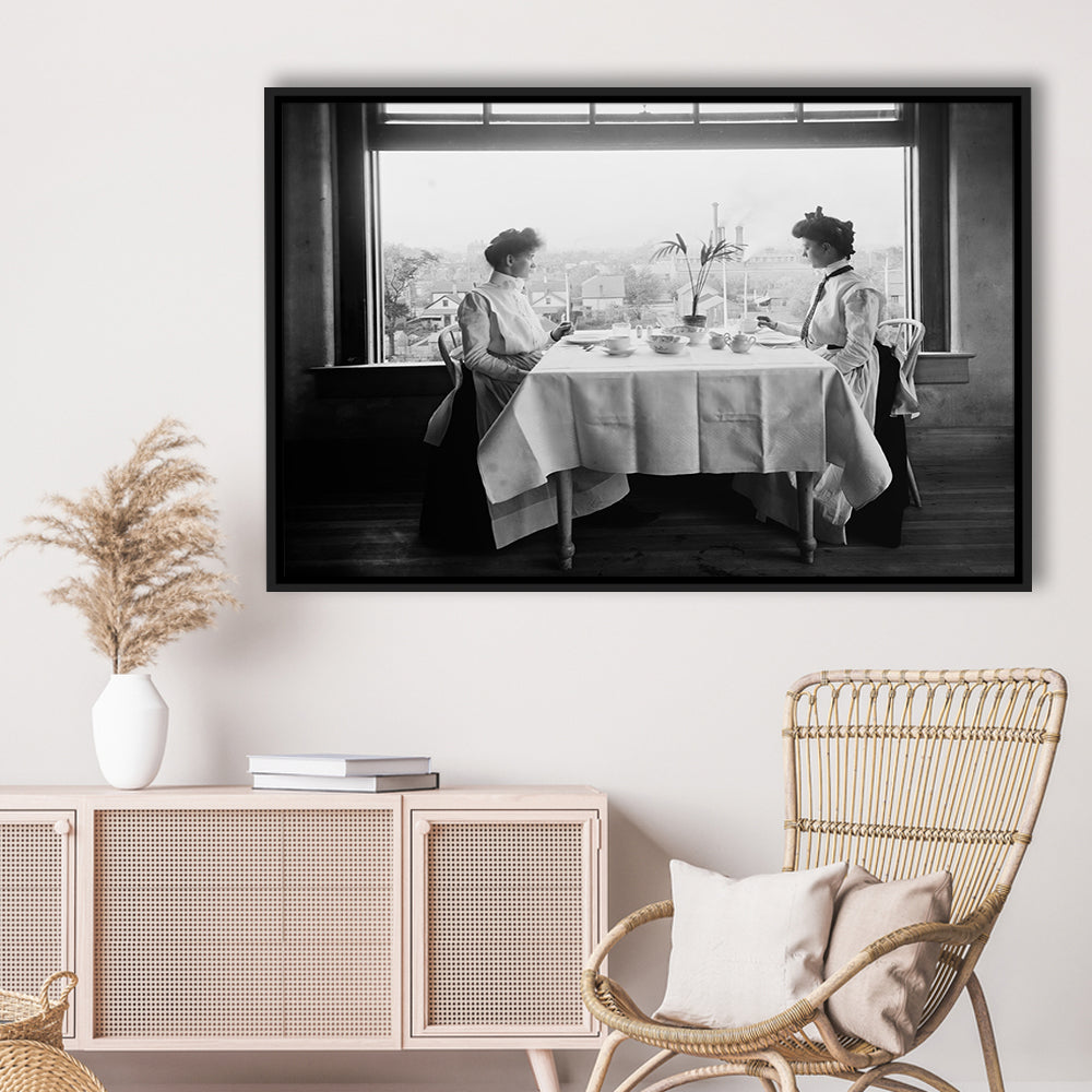 Victorian Tea Time Retro Photography Black and White Art Vintage Restaurant Print, Floating Framed Canvas Print
