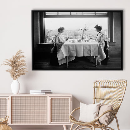 Victorian Tea Time Retro Photography Black and White Art Vintage Restaurant Print, Floating Framed Canvas Print
