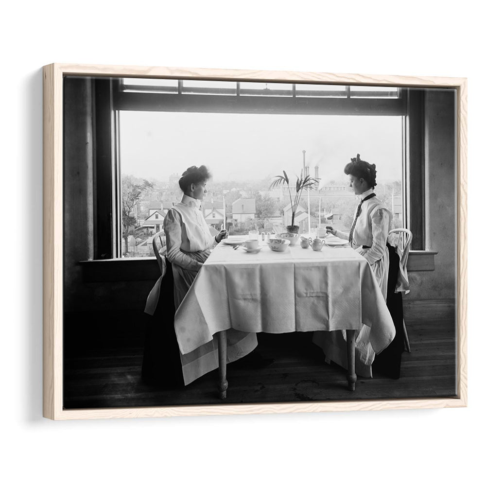 Victorian Tea Time Retro Photography Black and White Art Vintage Restaurant Print, Floating Framed Canvas Print