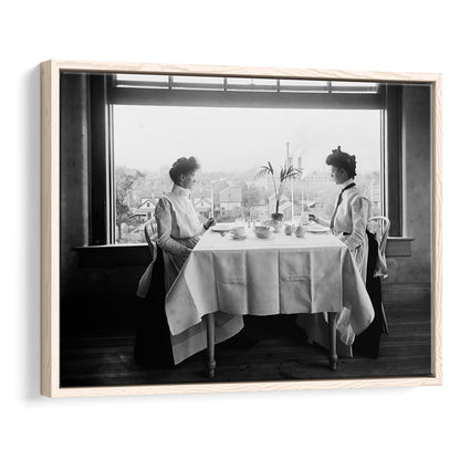 Victorian Tea Time Retro Photography Black and White Art Vintage Restaurant Print, Floating Framed Canvas Print