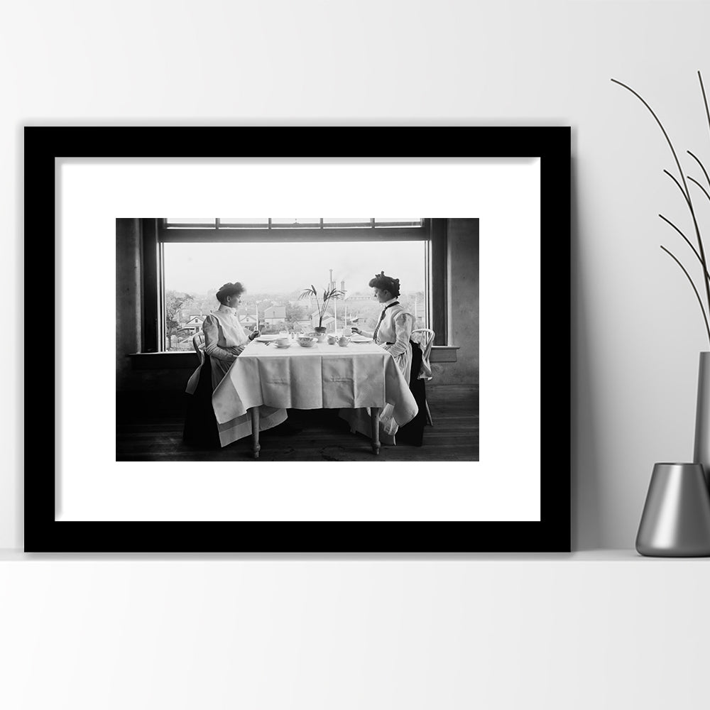 Victorian Tea Time Retro Photography Black and White Art Vintage Restaurant Print, Framed Art Print White Border Wall Decor