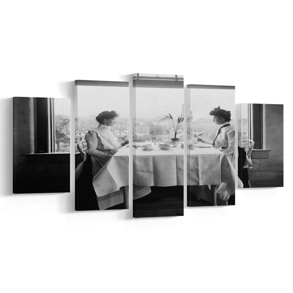 Victorian Tea Time Retro Photography Black and White Art Vintage Restaurant Print, Mixed 5 Pieces Canvas Print