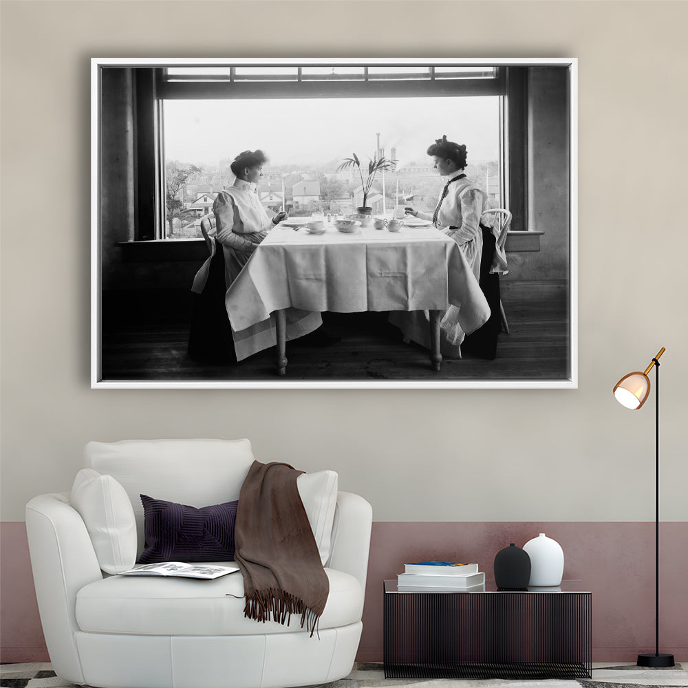 Victorian Tea Time Retro Photography Black and White Art Vintage Restaurant Print, Floating Framed Canvas Print