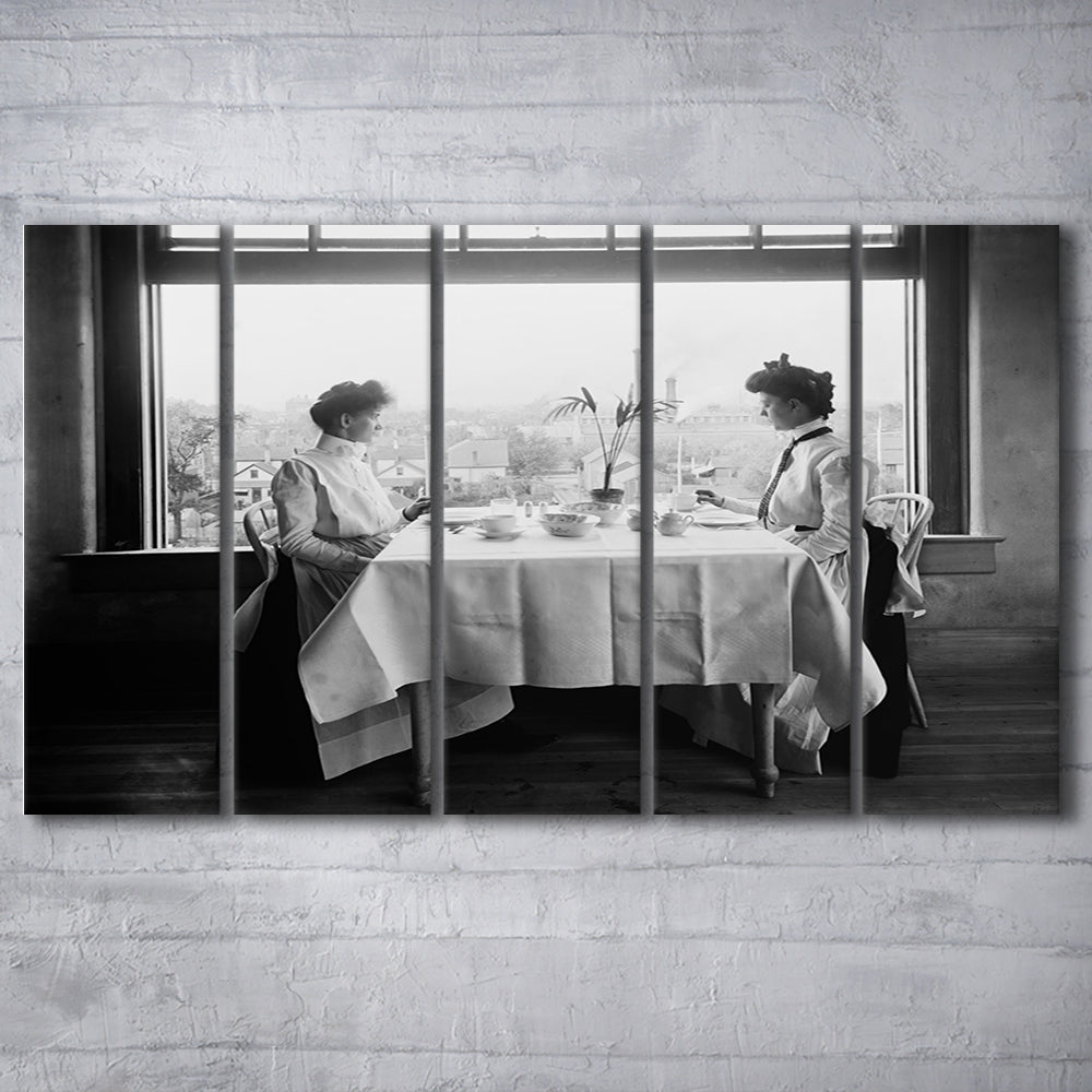 Victorian Tea Time Retro Photography Black and White Art Vintage Restaurant Print, 5 Pieces Large Canvas Print