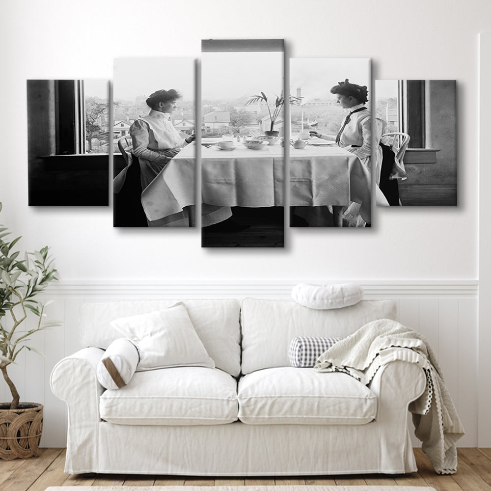 Victorian Tea Time Retro Photography Black and White Art Vintage Restaurant Print, Mixed 5 Pieces Canvas Print