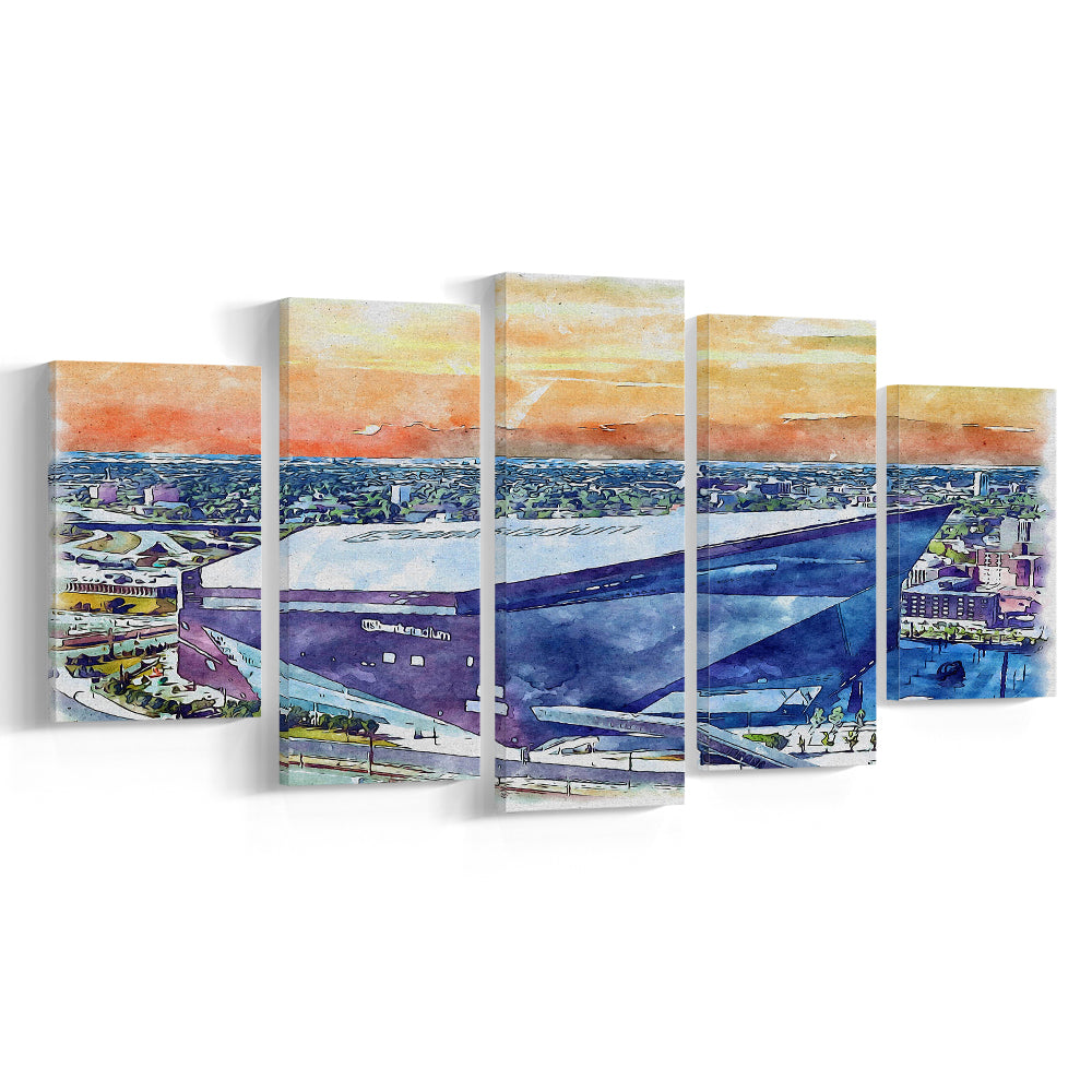 Vikings Football Stadium, US Bank Painting Stadium Watercolor, Sport Art, Mixed 5 Panel, Canvas Print Wall Art