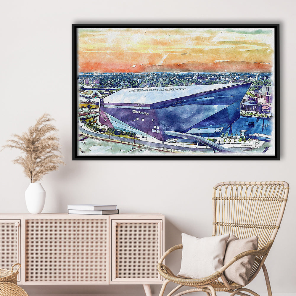 Vikings Football Stadium, US Bank Painting Stadium Watercolor, Sport Gift Art, Framed Canvas Print Wall Art