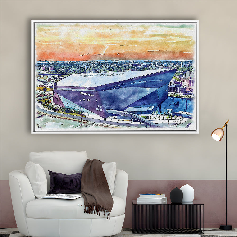 Vikings Football Stadium, US Bank Painting Stadium Watercolor, Sport Gift Art, Framed Canvas Print Wall Art