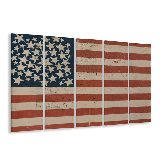 Vintage American Flag Art Fourth of July USA Flag 5 Panels Canvas Print Wall Art, Cottagecore Decor