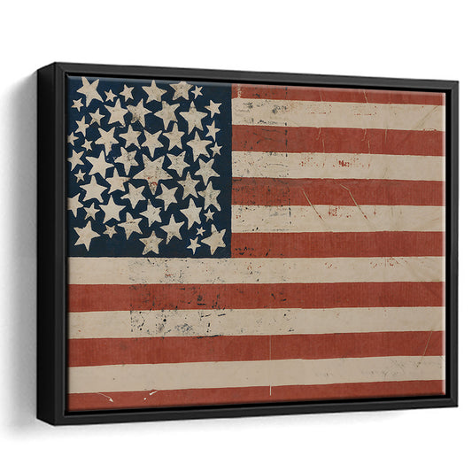 Vintage American Flag Art Fourth of July USA Flag Framed Canvas Print Wall Art, Cottagecore Decor