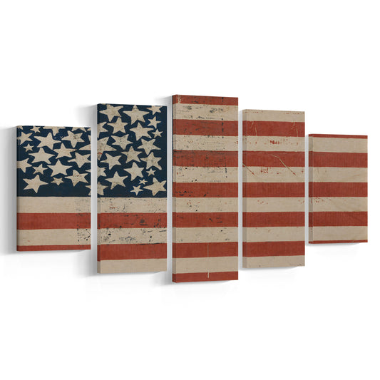 Vintage American Flag Art Fourth of July USA Flag Mixed Canvas Print Wall Art, Cottagecore Decor
