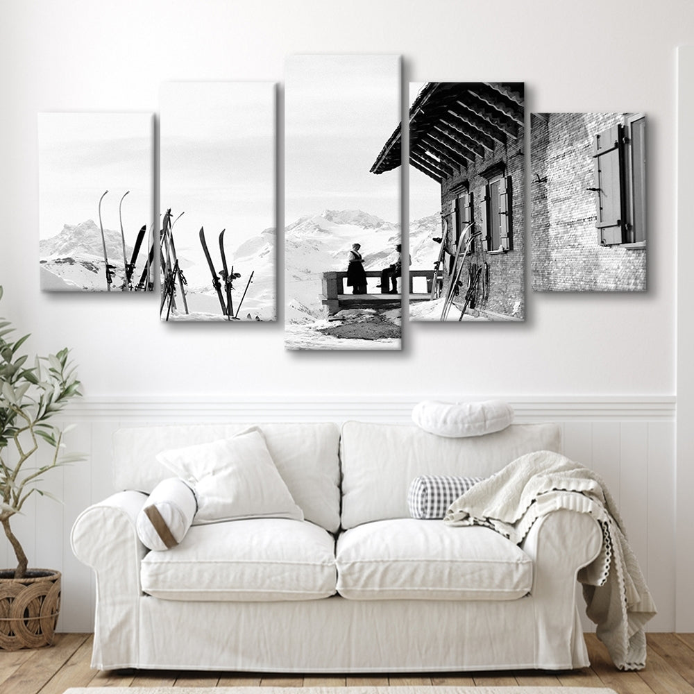 Vintage Apres Ski, Black and White, Skiing Print, Vintage Ski Photo Print, Ski Wall Art, Mixed 5 Pieces Canvas Print