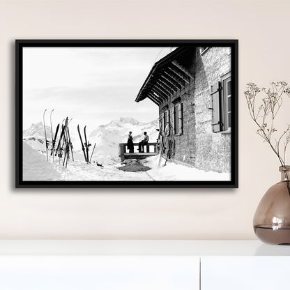 Vintage Apres Ski, Black and White, Skiing Print, Vintage Ski Photo Print, Floating Framed Canvas Print