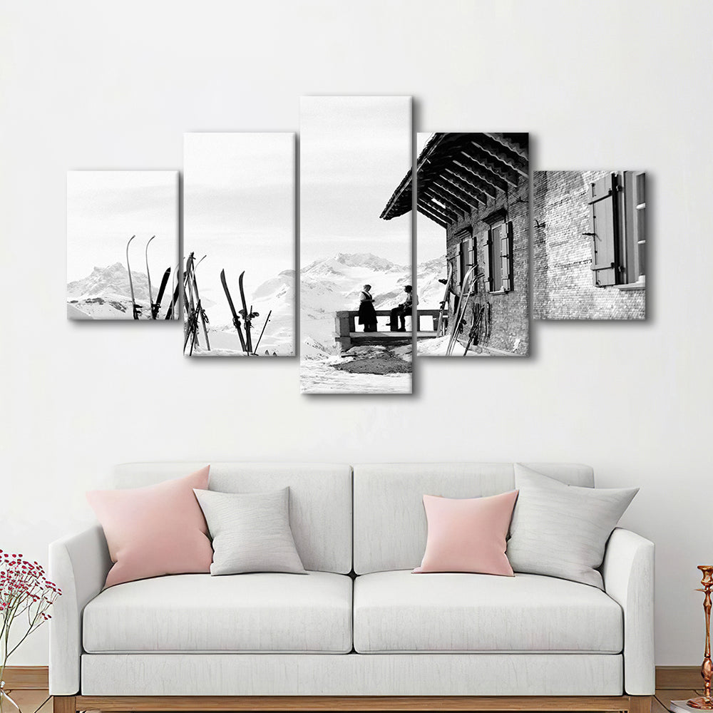 Vintage Apres Ski, Black and White, Skiing Print, Vintage Ski Photo Print, Ski Wall Art, Mixed 5 Pieces Canvas Print